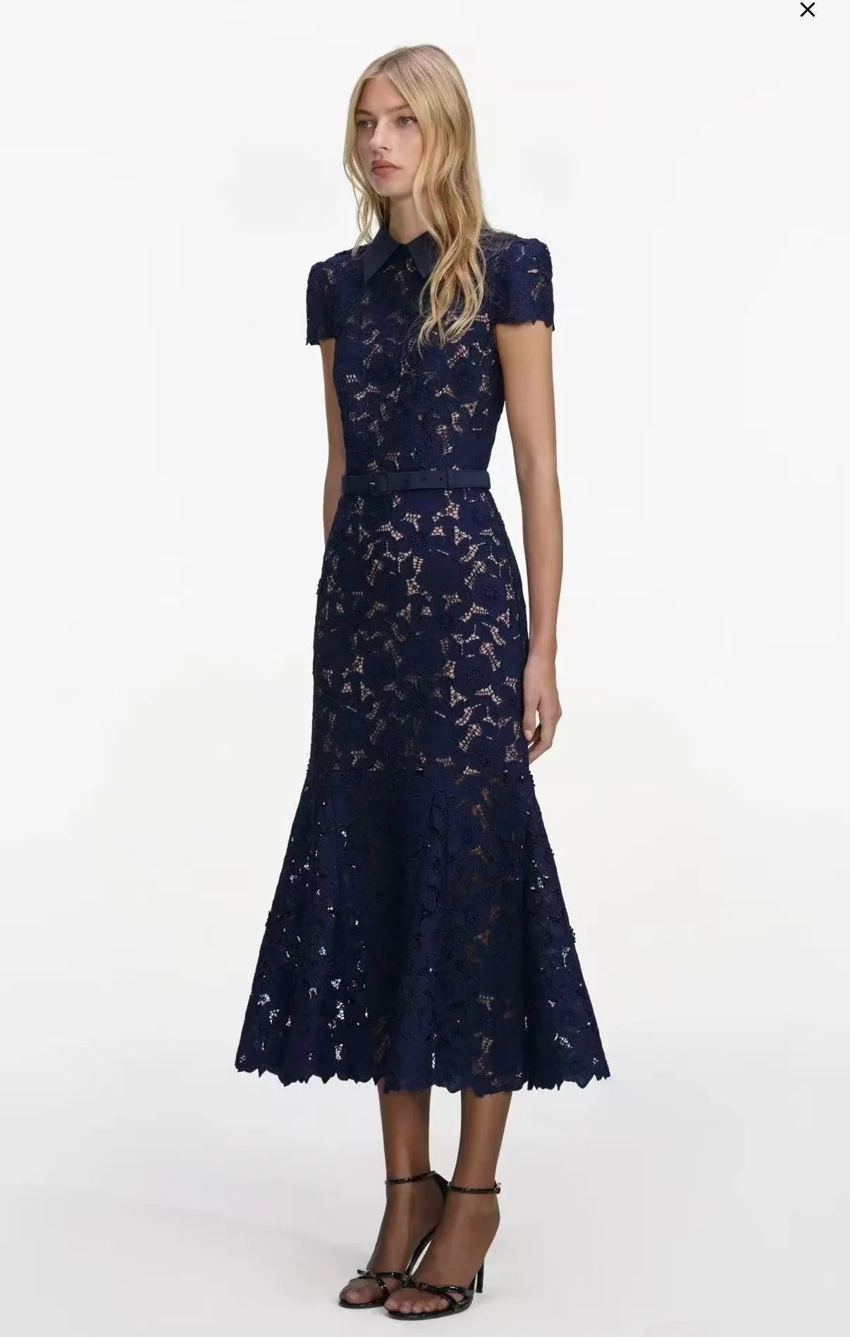 Runway Brand Formal Evening Mermaid Dresses Women Short Sleeve Lapel Hollow Out 3D Flower Fishtail Long Dress Vestidos De Fiesta