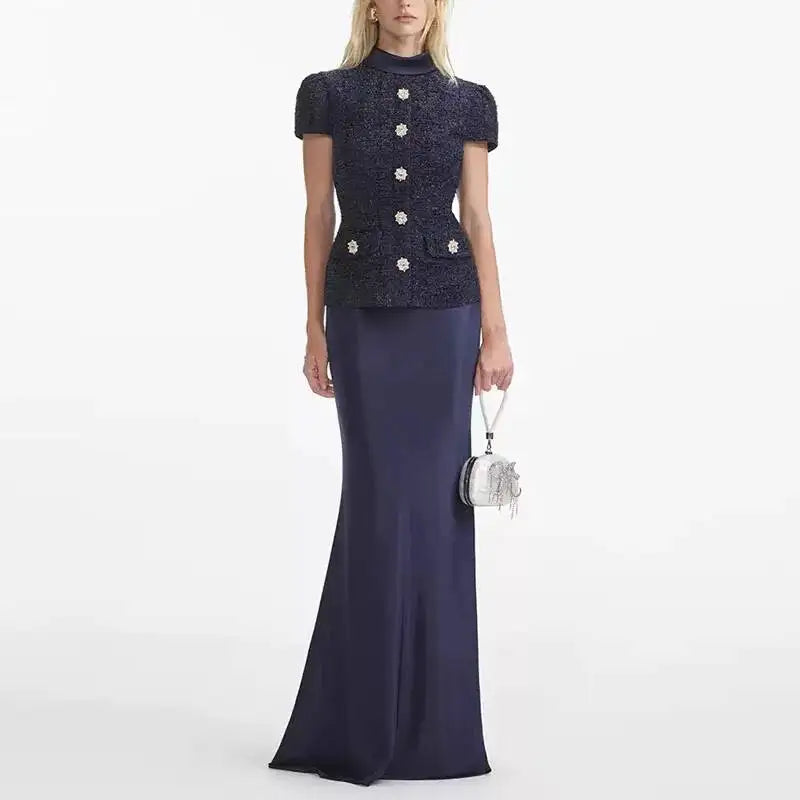 Maxi Formal Luxury Evening Dresses Women Summer Autumn Single Breasted Crystal Satin Tweed Long Dress Blue Party Dinner Vestidos