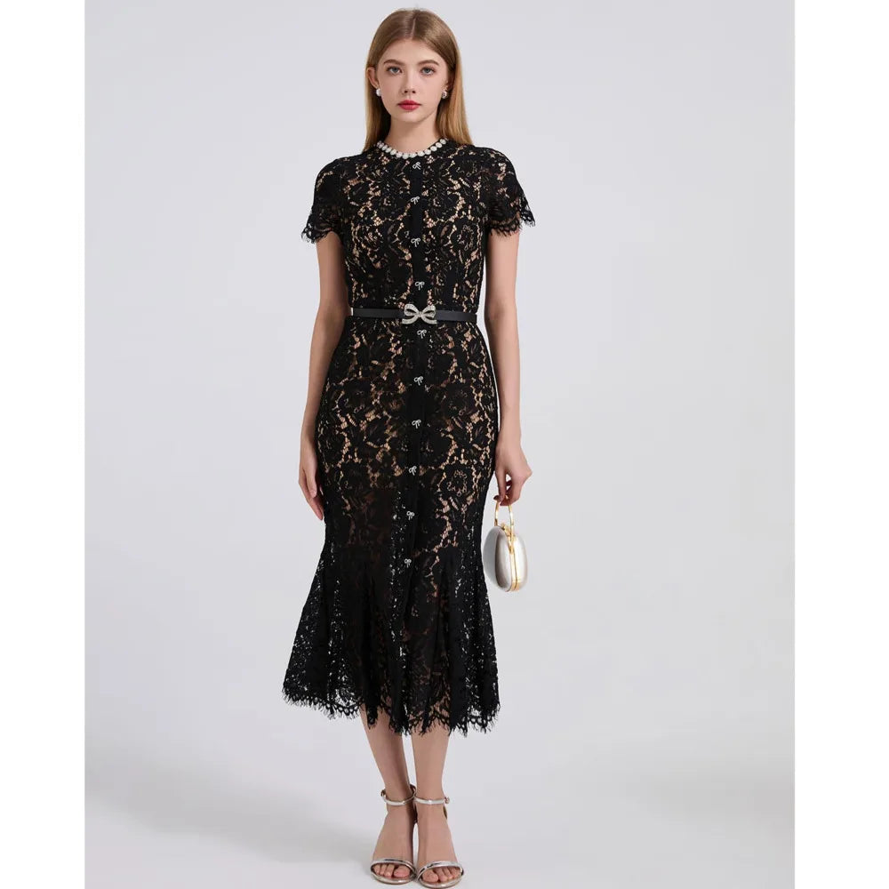 Summer Luxury Formal Evening Fishtail Dresses Women Short Sleeve Single Breasted Diamonds Bow Pearl Neck Midi Sheath Lace Dress