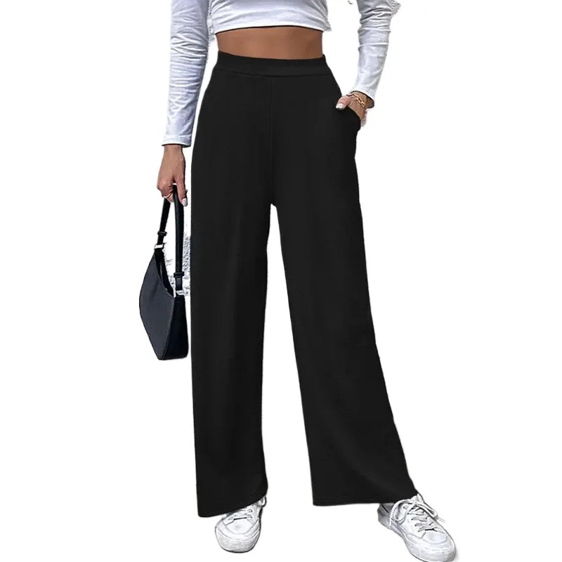 2025 Casual Straight Leg Pants Women Elastic Waist Stretchy Slimming Solid Black Office Daily Trousers  